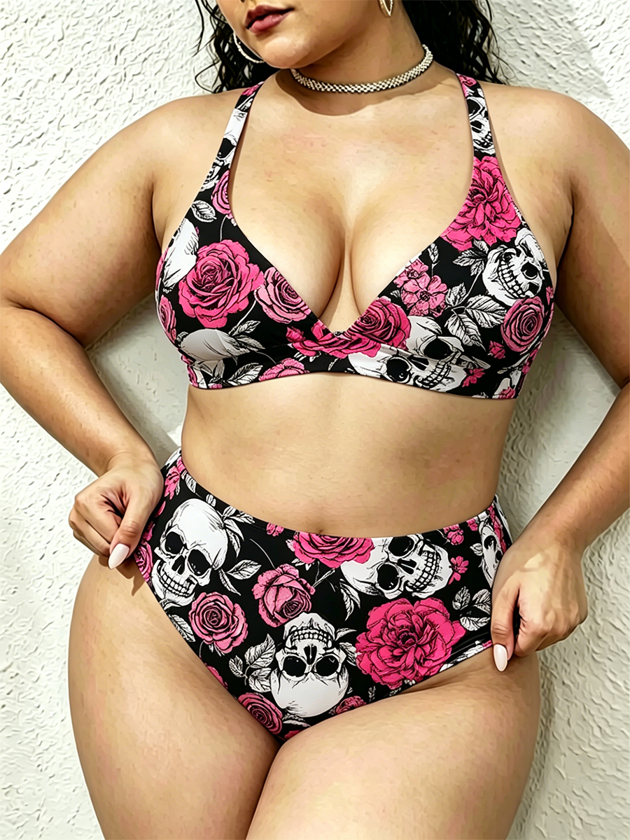 Vintage Skull & Rose Grunge Pattern Two Piece Ruffled Tankini Swimsuit