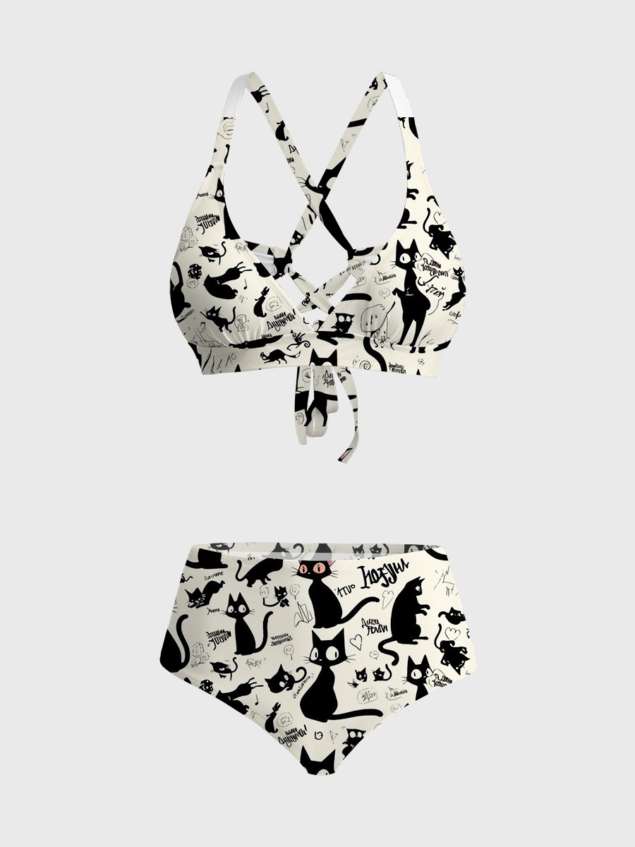 Vintag Black Cat Sketch Doodle Art Strappy Two-Piece Swimsuit