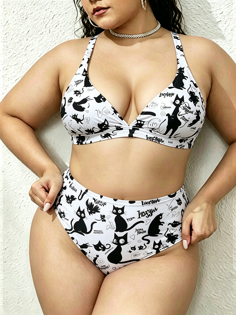 Vintag Black Cat Sketch Doodle Art Strappy Two-Piece Swimsuit
