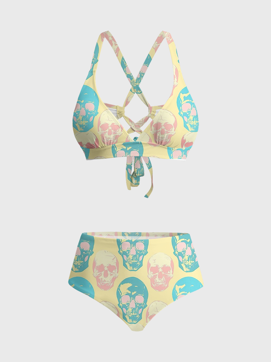 Vintage Pastel Skull Pop Art Print Two Piece Ruffled Tankini Swimsuit