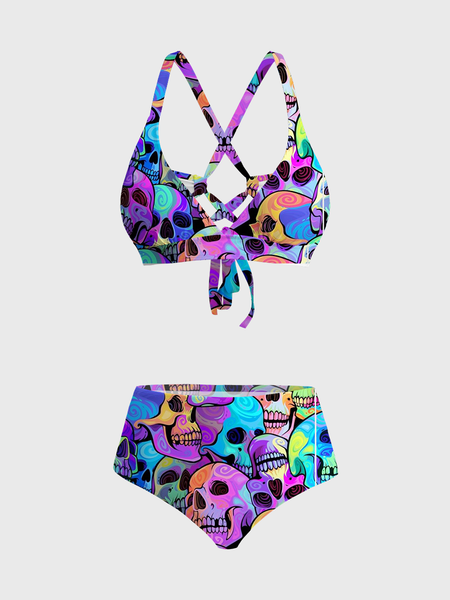 Vintag Trippy Psychedelic Swirl Skulls Strappy Two-Piece Swimsuit