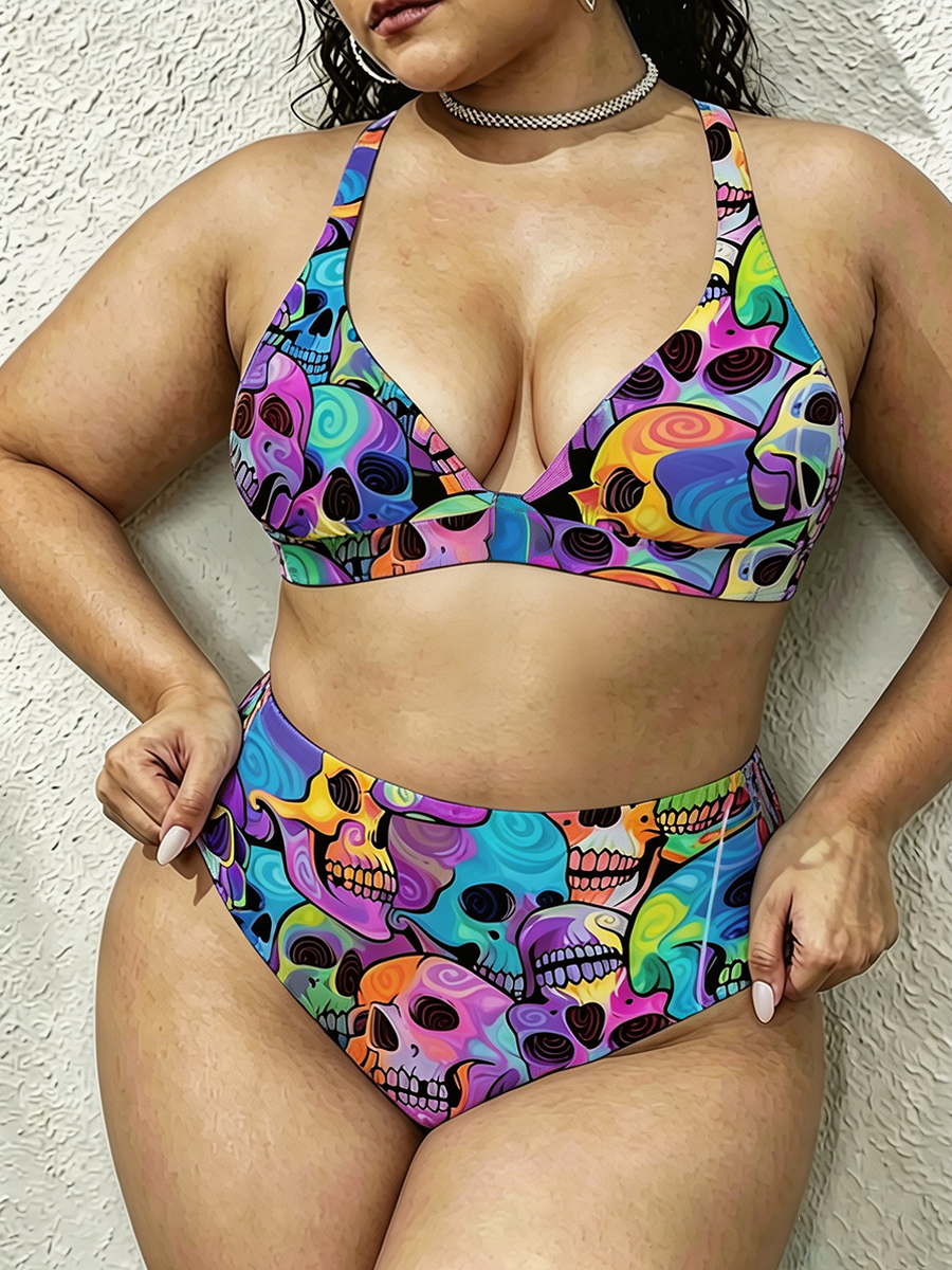 Vintag Trippy Psychedelic Swirl Skulls Strappy Two-Piece Swimsuit