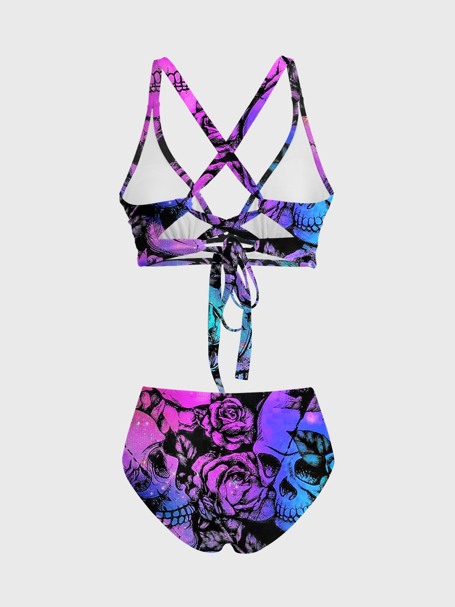 Vintage Galaxy Skull & Rose Aesthetic Two Piece Ruffled Tankini Swimsuit
