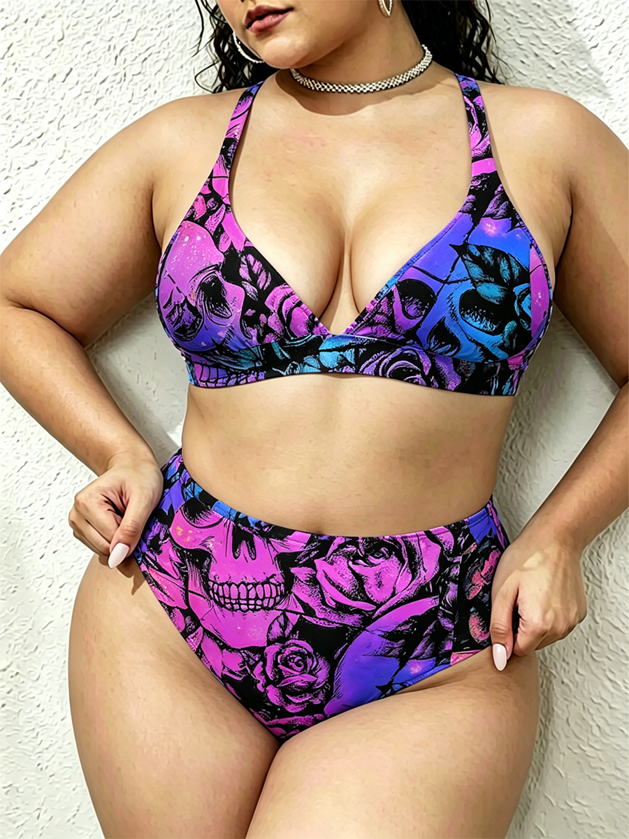 Vintage Galaxy Skull & Rose Aesthetic Two Piece Ruffled Tankini Swimsuit