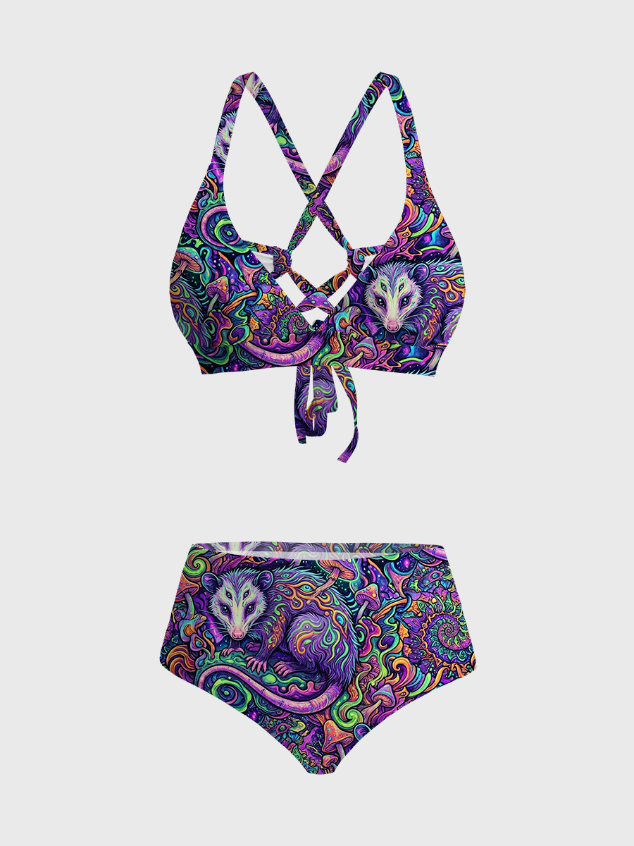 Vintag Trippy Opossum Mushroom Art Strappy Two-Piece Swimsuit