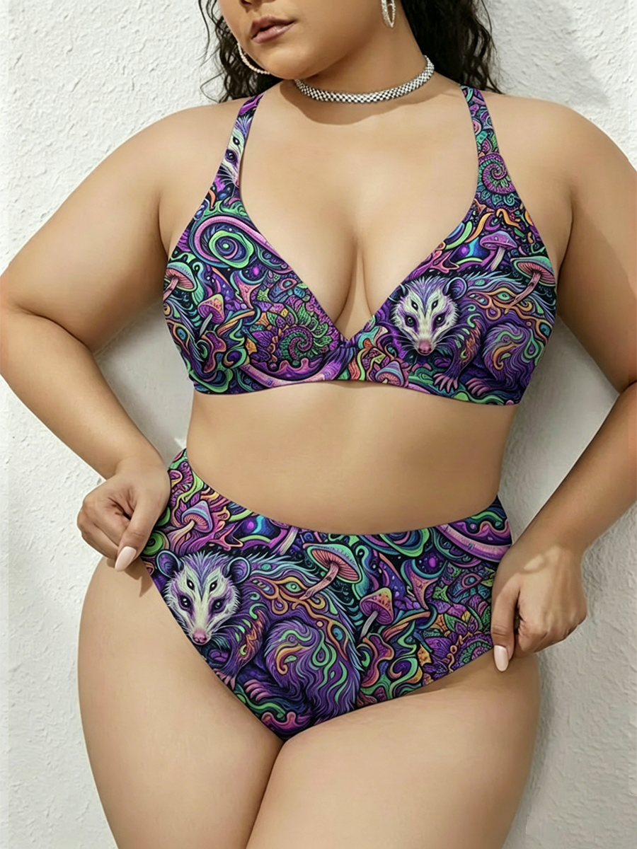 Vintag Trippy Opossum Mushroom Art Strappy Two-Piece Swimsuit