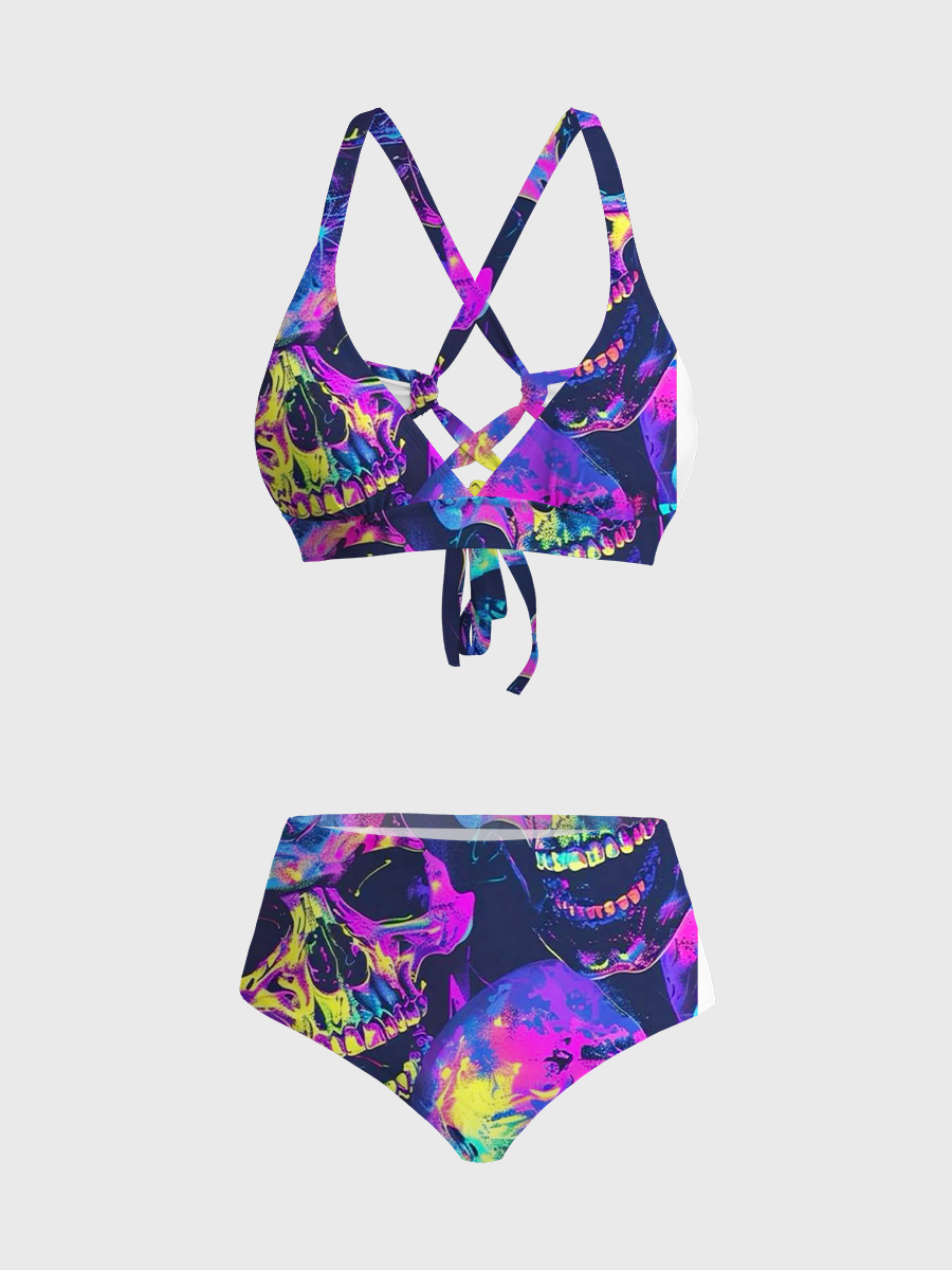 Vintage Vibrant Graffiti Skulls Two Piece Ruffled Tankini Swimsuit