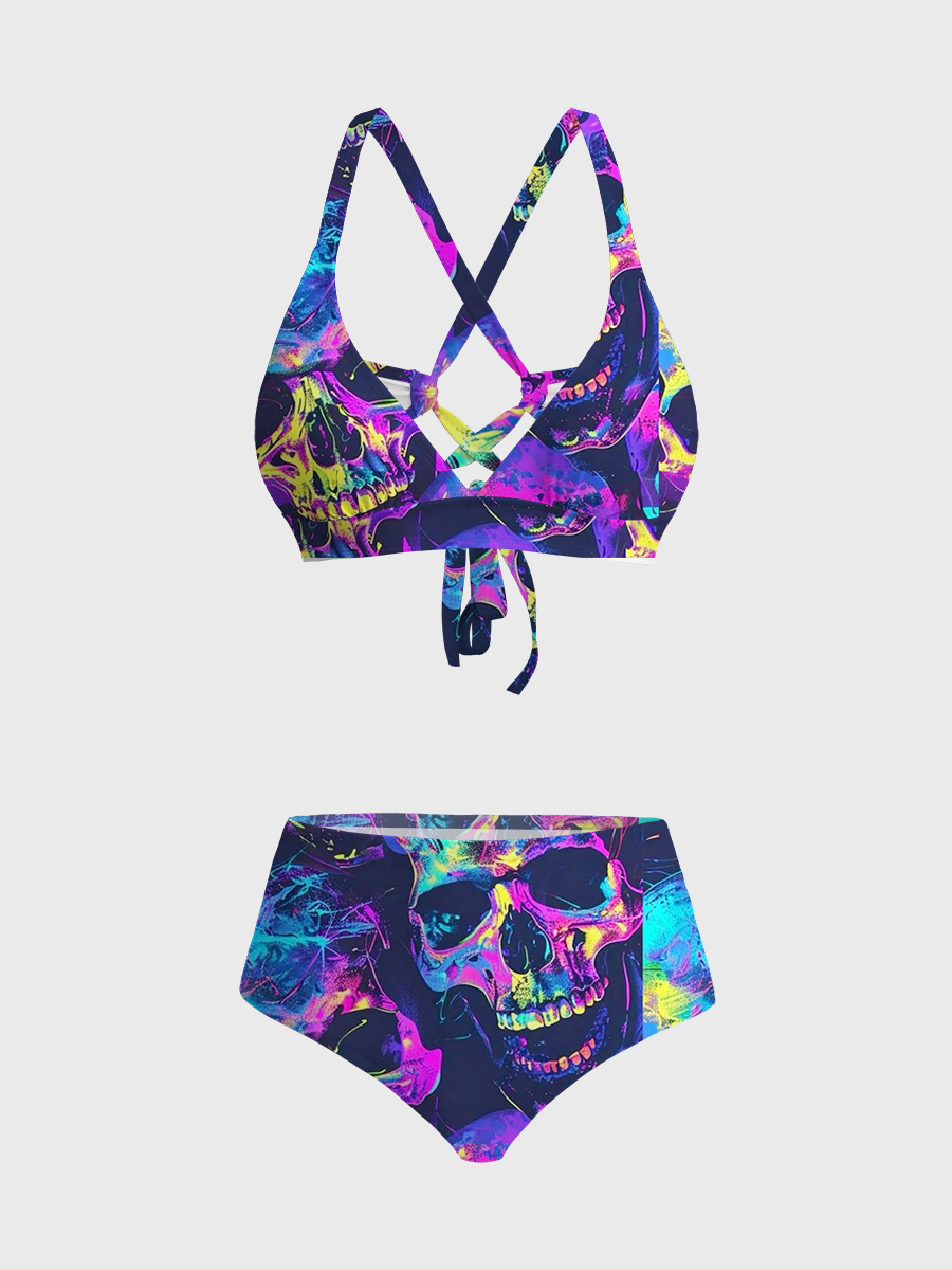 Vintage Vibrant Graffiti Skulls Two Piece Ruffled Tankini Swimsuit