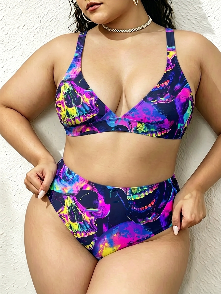 Vintage Vibrant Graffiti Skulls Two Piece Ruffled Tankini Swimsuit