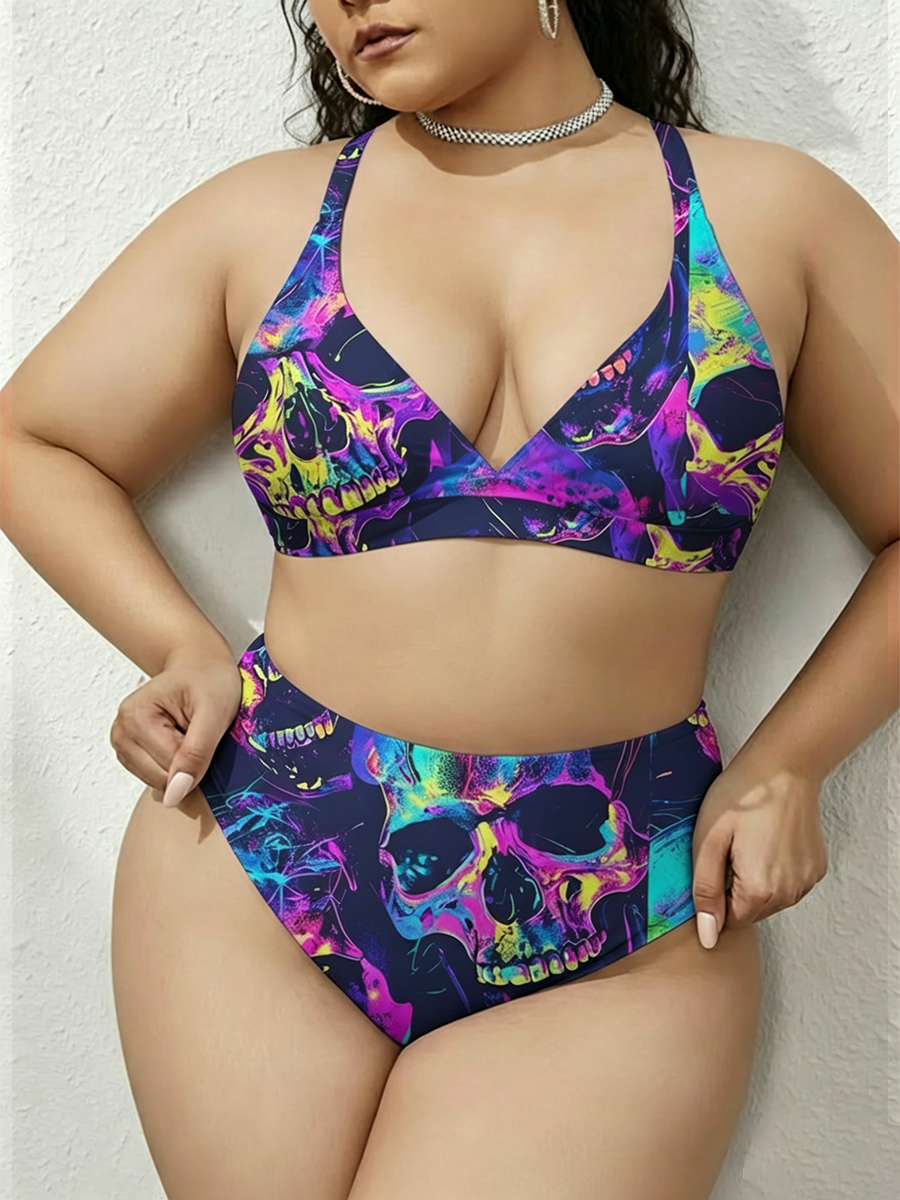 Vintage Vibrant Graffiti Skulls Two Piece Ruffled Tankini Swimsuit