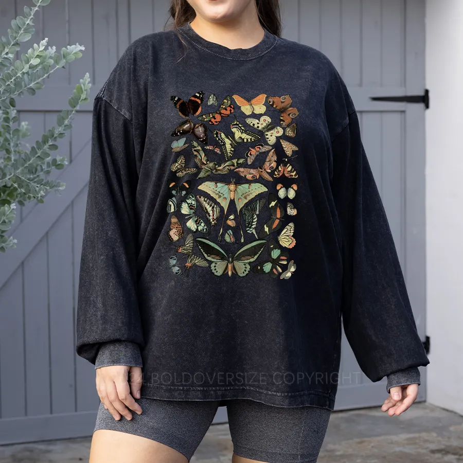 Vintage Butterfly&Moth Washed Long Sleeve Shirt