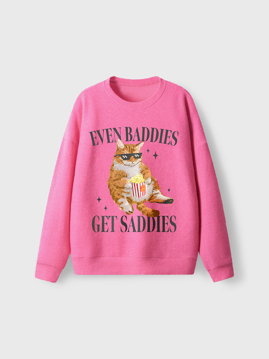 Vintage Cat Even Baddies Get Saddies Fuzzy Sweater