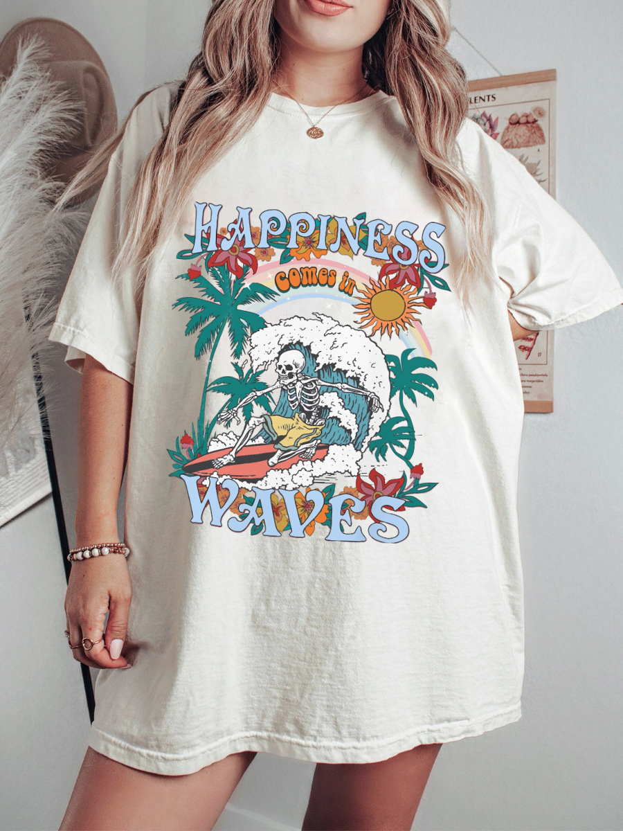 Happiness Comes in Waves Skeleton Surfing T-Shirt