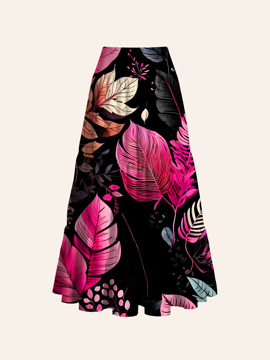 Neon Tropical Leaves Noir Convertible Maxi Skirts