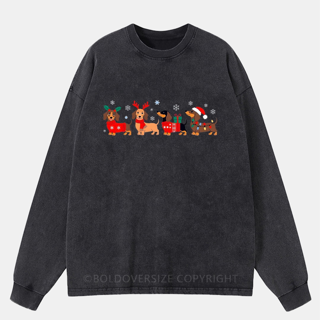 Merry Christmas Dachshund Washed Long Sleeve Shirt