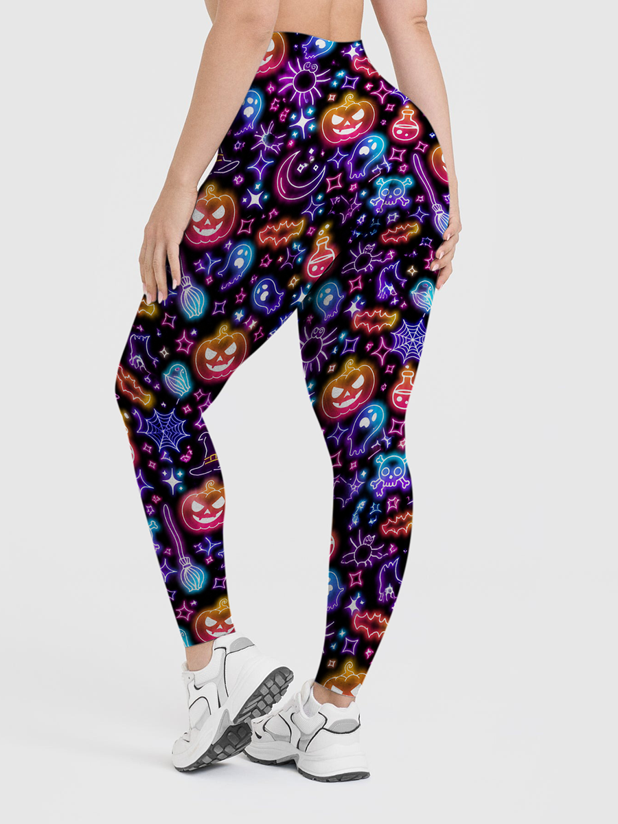 Vintage Neon Line Art Halloween Pumpkin Witch Ghost Black Halloween Leggings