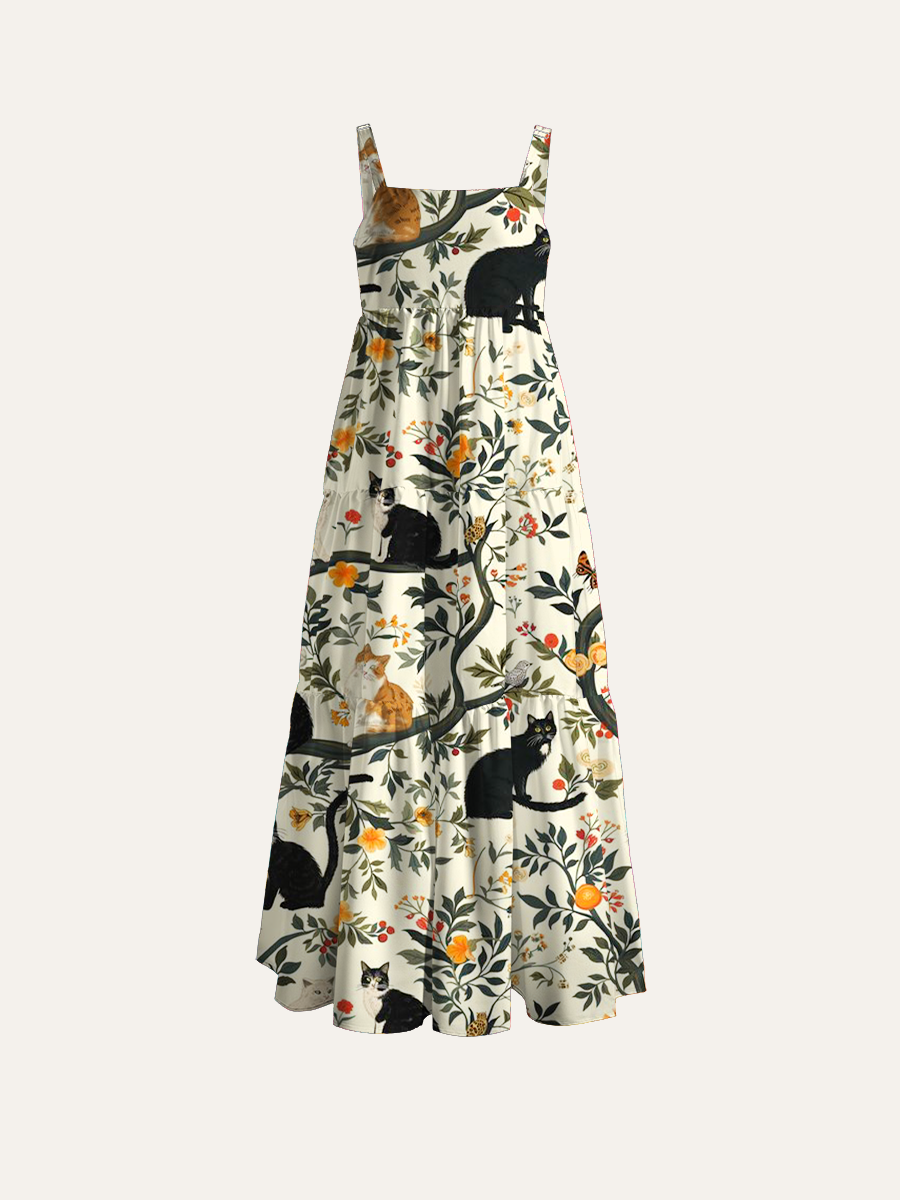 Whimsical Cat Garden Adjustable Wide Straps Maxi Dress