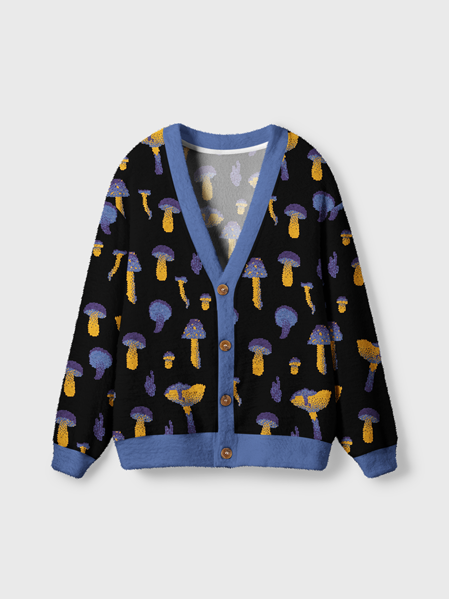 Vintage Psychedelic Purple‑Yellow Pixel Mushroom Cardigan Sweaters