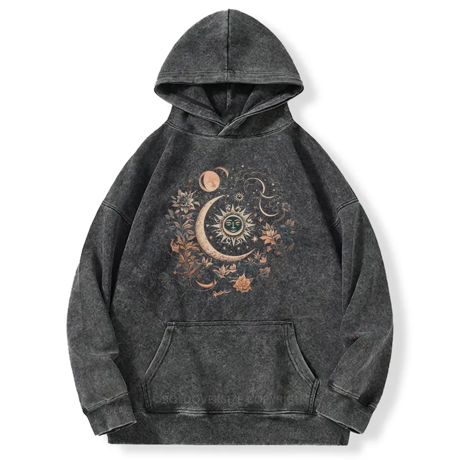 Vintage Mystic Moon And Sun Floral Washed Hoodie