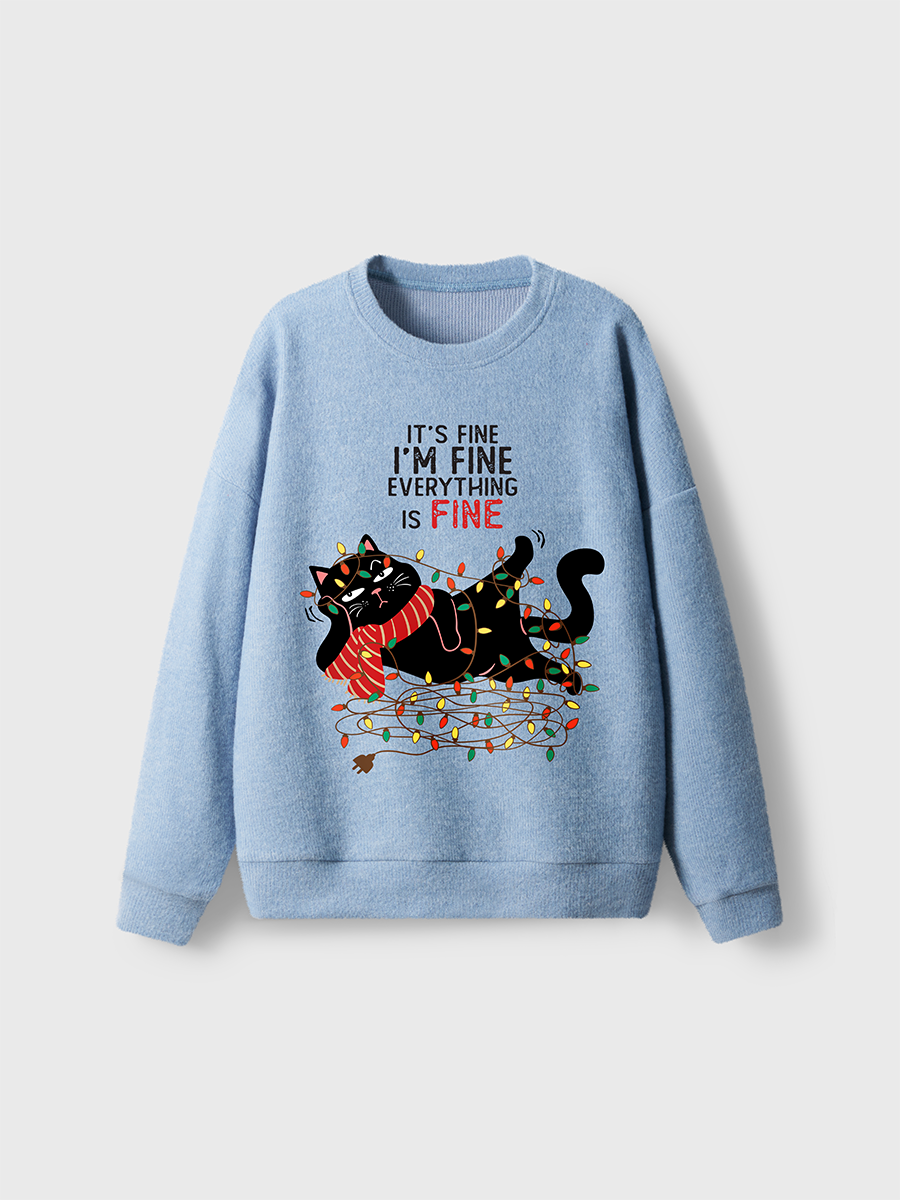 Vintage It'S Fine. I'M Fine. Everything Is Fine Cat Lover Fuzzy Sweater