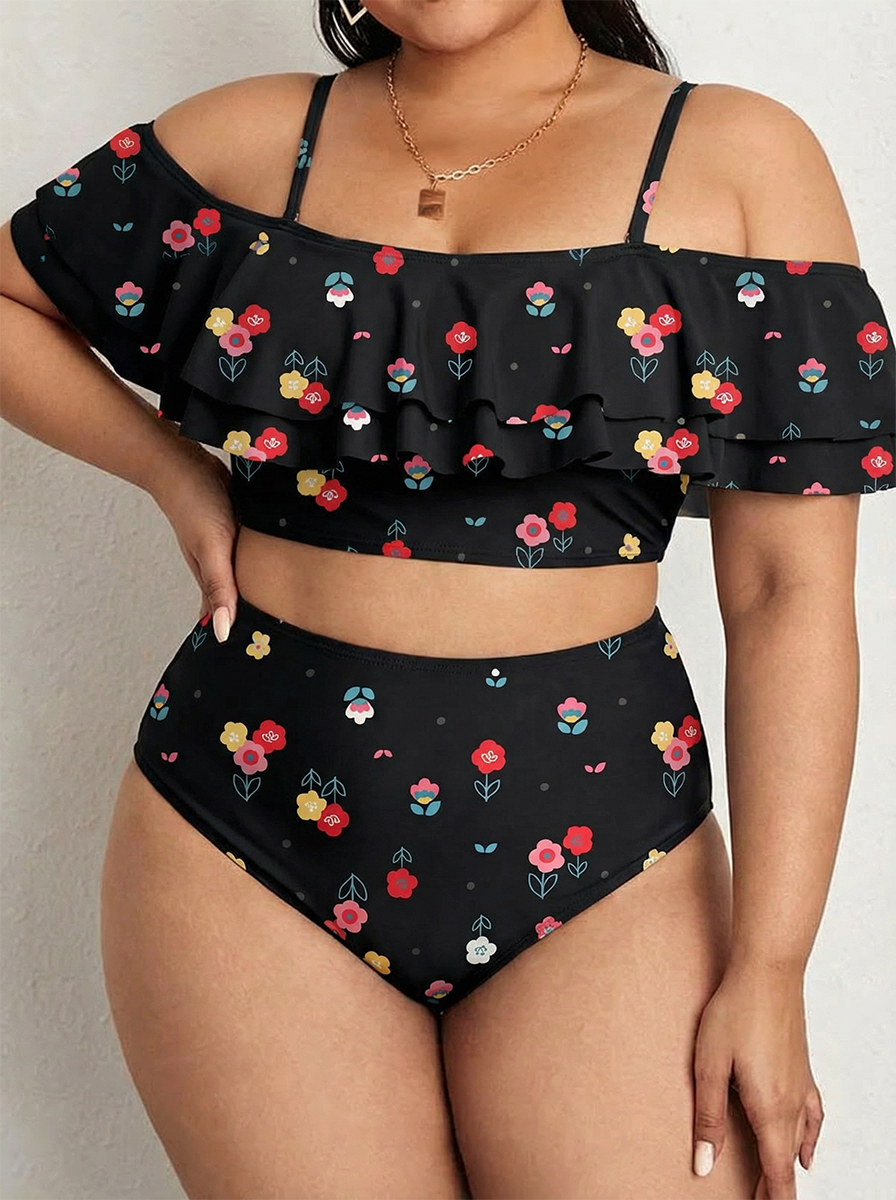 Vintage Whimsical Floral Two Piece Ruffled Tankini Swimsuit