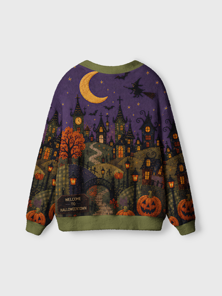 Vintage  Texture Spooky Halloween Town Cardigan Sweaters