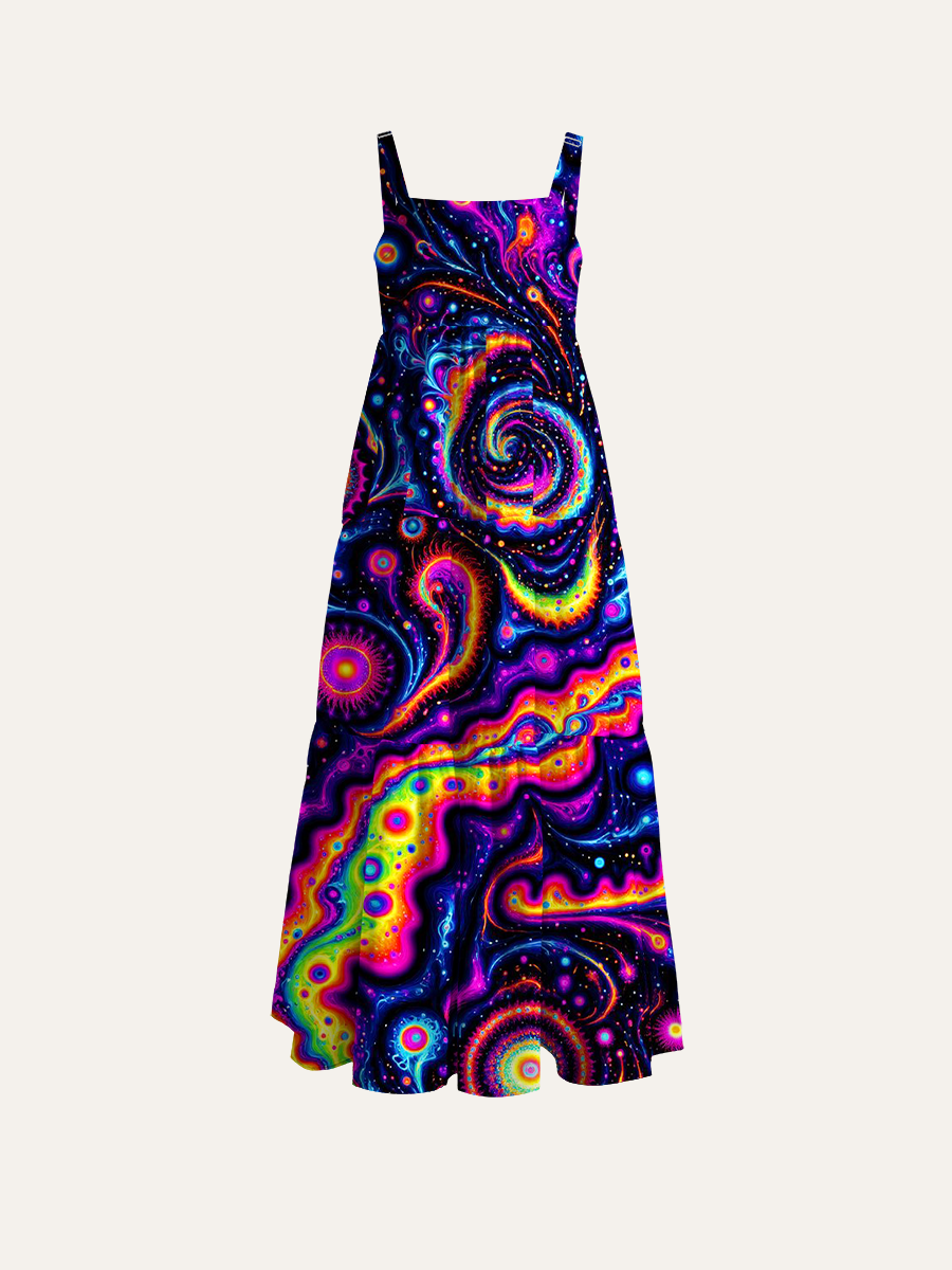 Neon Cosmic Swirls Adjustable Wide Straps Maxi Dress