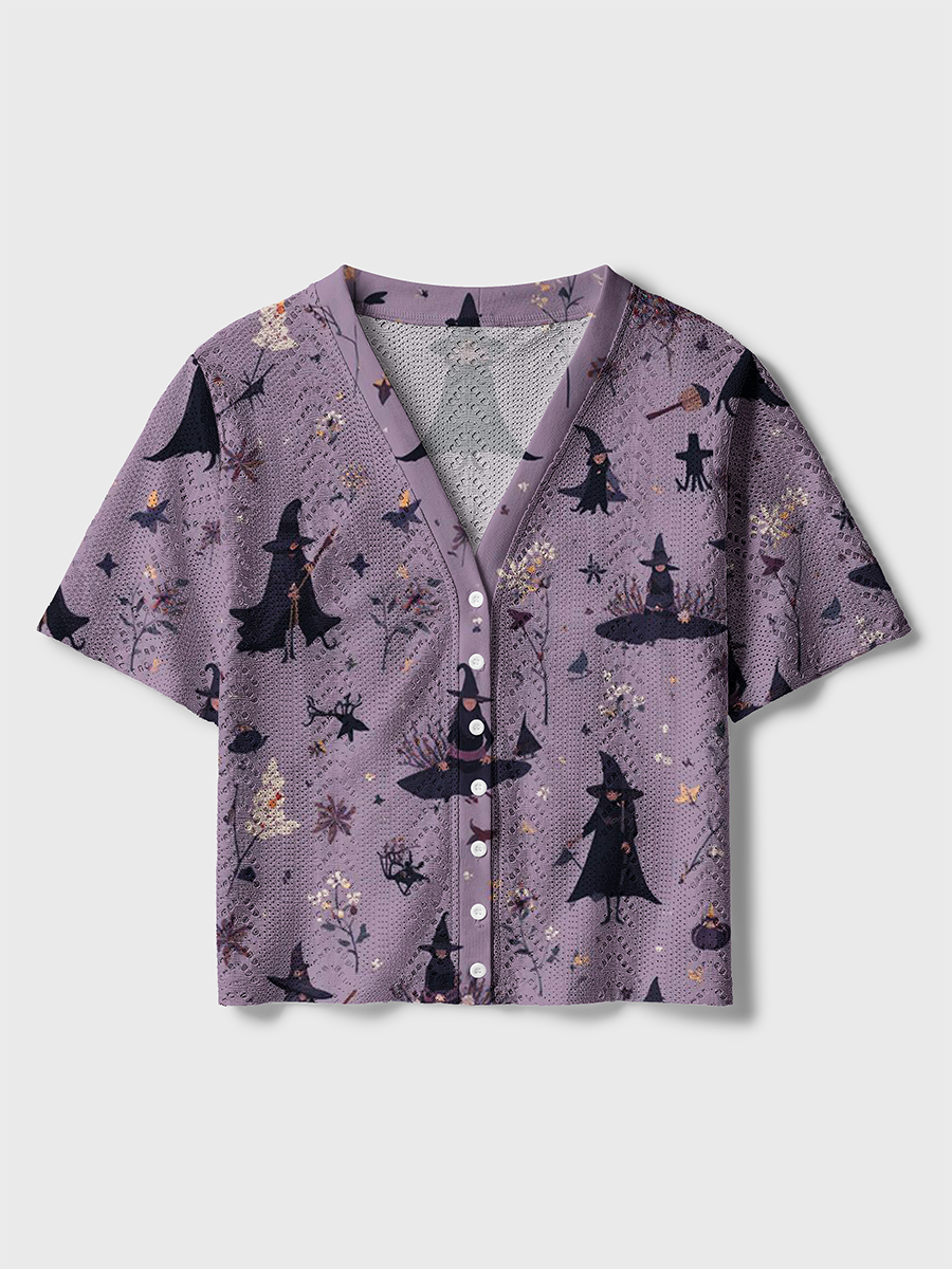 Forest Witch Cottage Halloween Crochet Button Down Cardigan