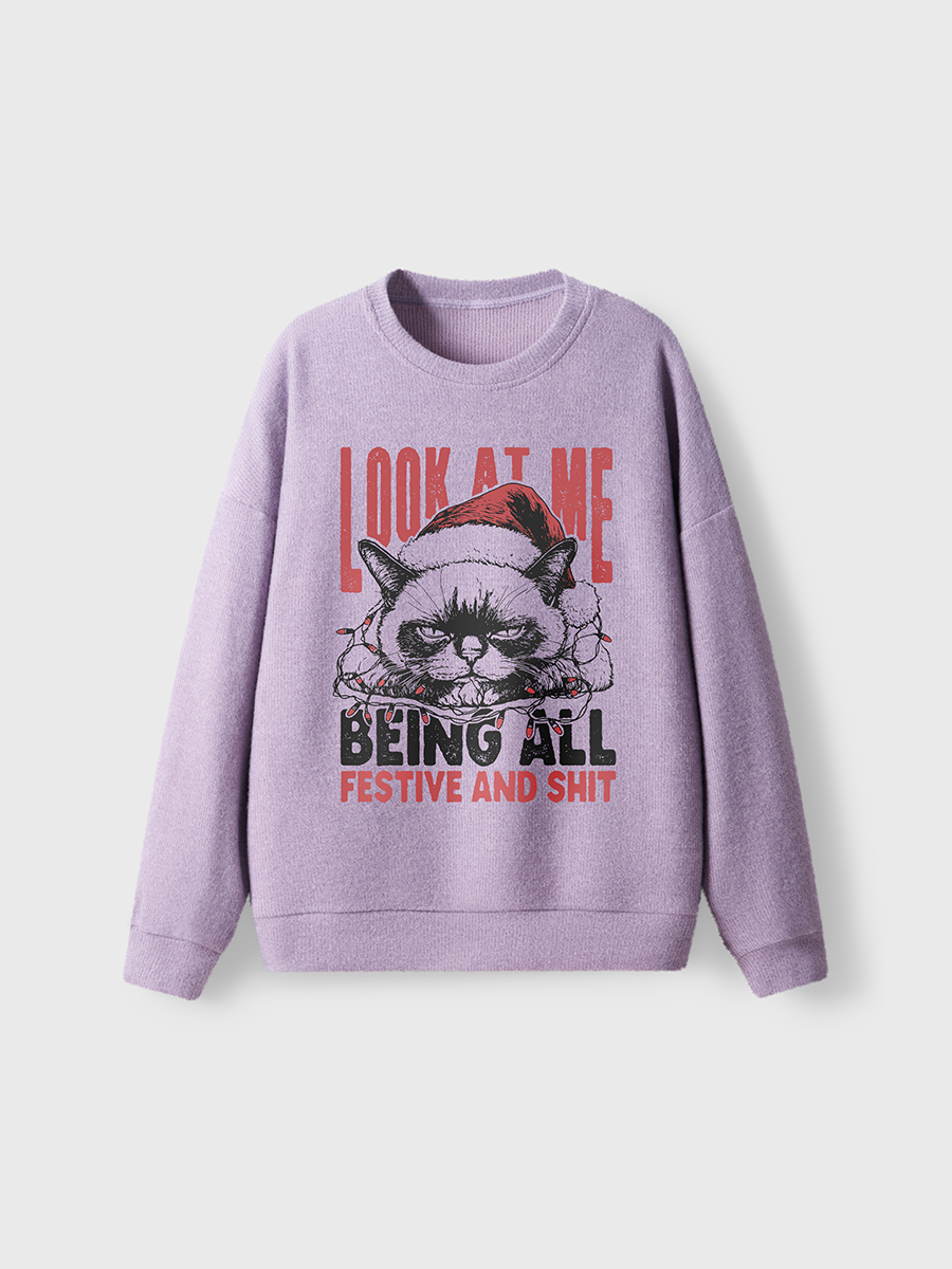 Vintage Funny Christmas Cat Humorous Quote Fuzzy Sweater