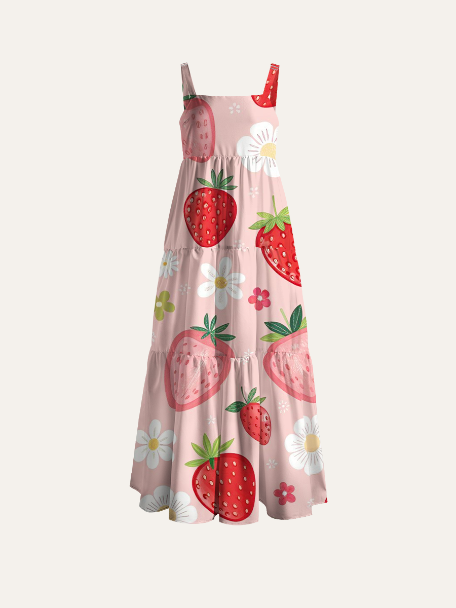 Summer Strawberry Adjustable Wide Straps Maxi Dress