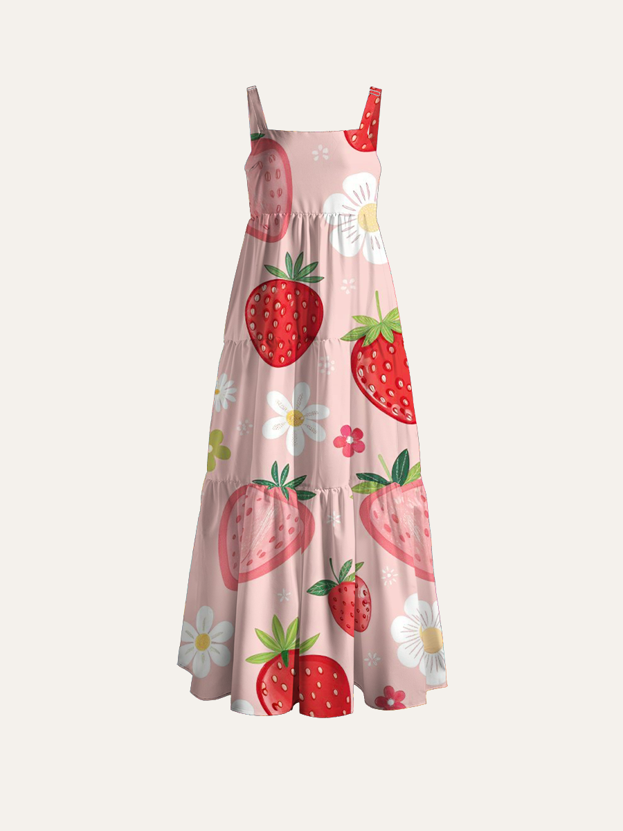 Summer Strawberry Adjustable Wide Straps Maxi Dress
