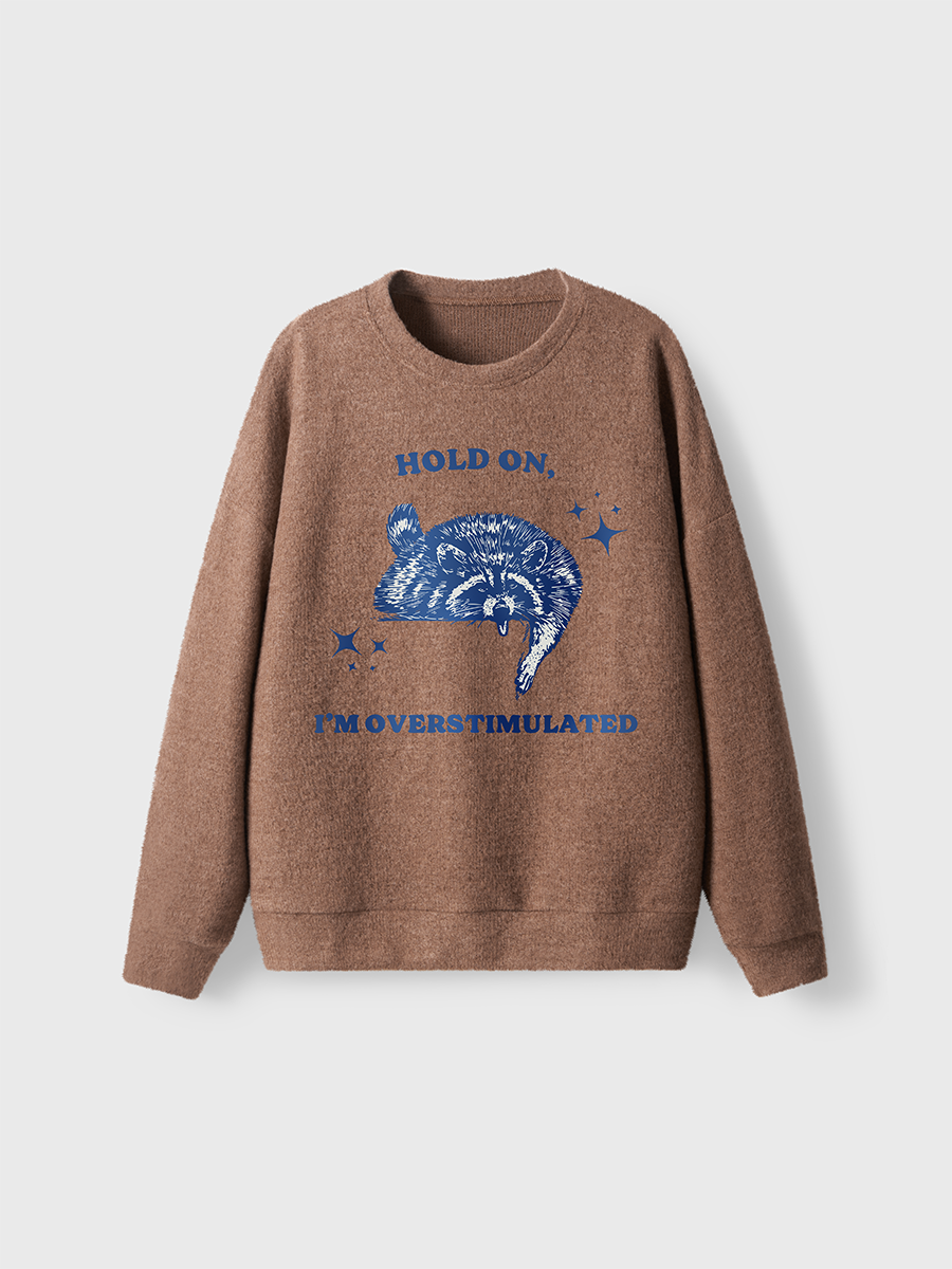 Vintage Hold On I'M Overstimulated Raccoon Fuzzy Sweater