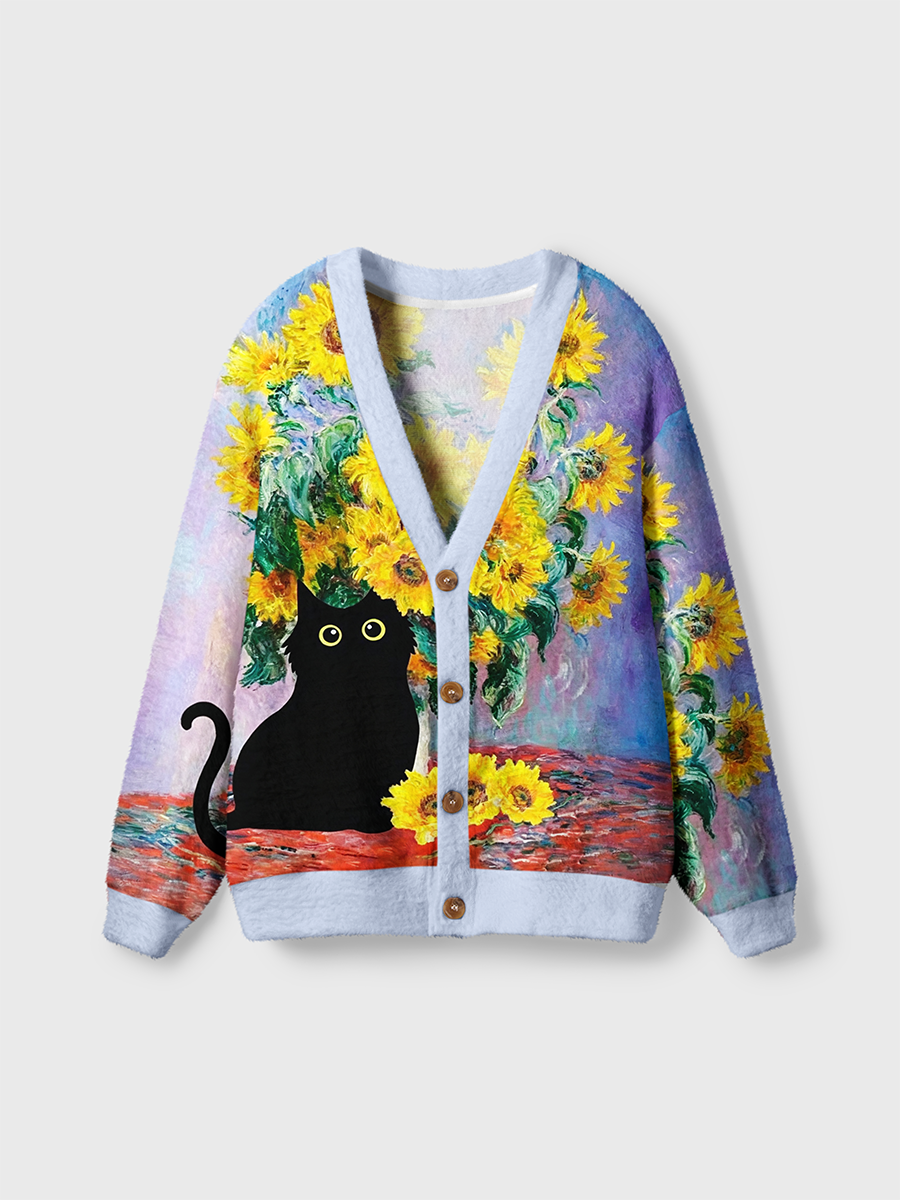 Vintage Van Gogh Style Sunflowers Silhouette Black Cat Cardigan Sweaters