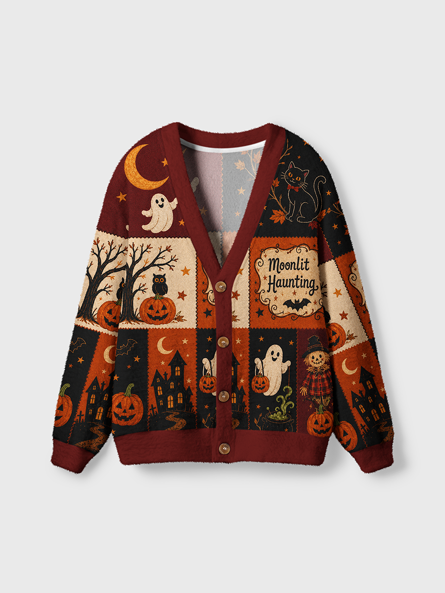 Vintage Patchwork Quilt Halloween Squares Cardigan Sweaters