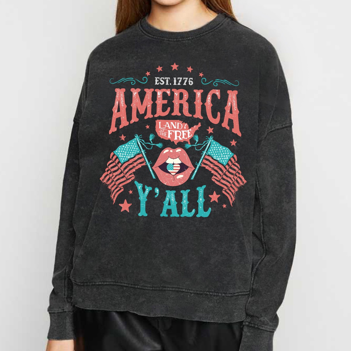 Vintage  Land Of The Free 4th Of July Washed Sweatshirt 
