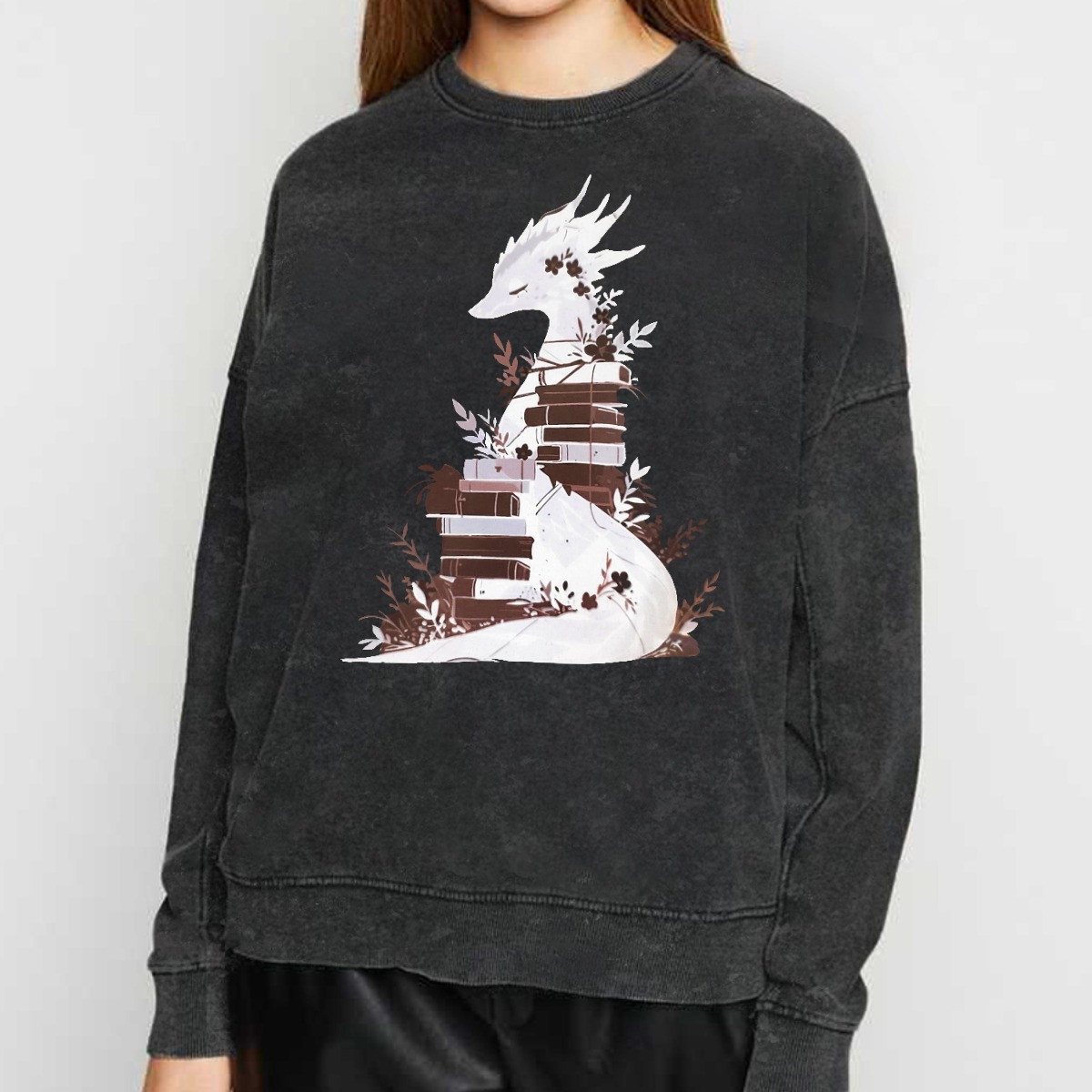 Vintage Book Dragon Fantasy Reader Washed Sweatshirt 