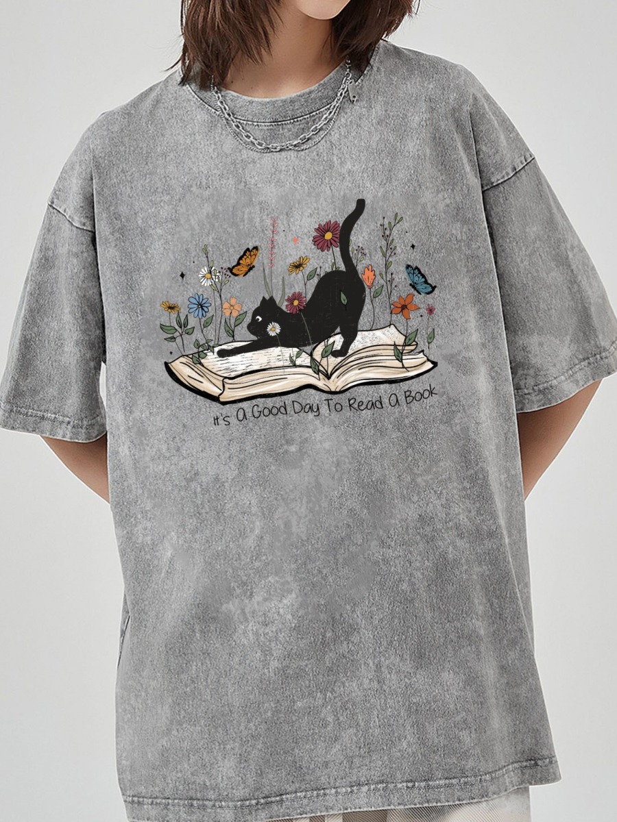 Vintage It’S A Good Day To Read A Book Cat Washed T-Shirt
