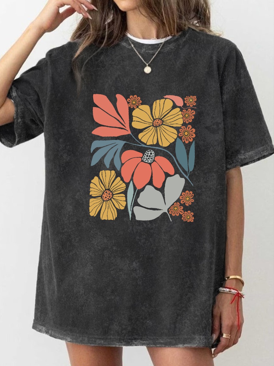 Vintage Black Botanical Neutral Washed T-Shirt