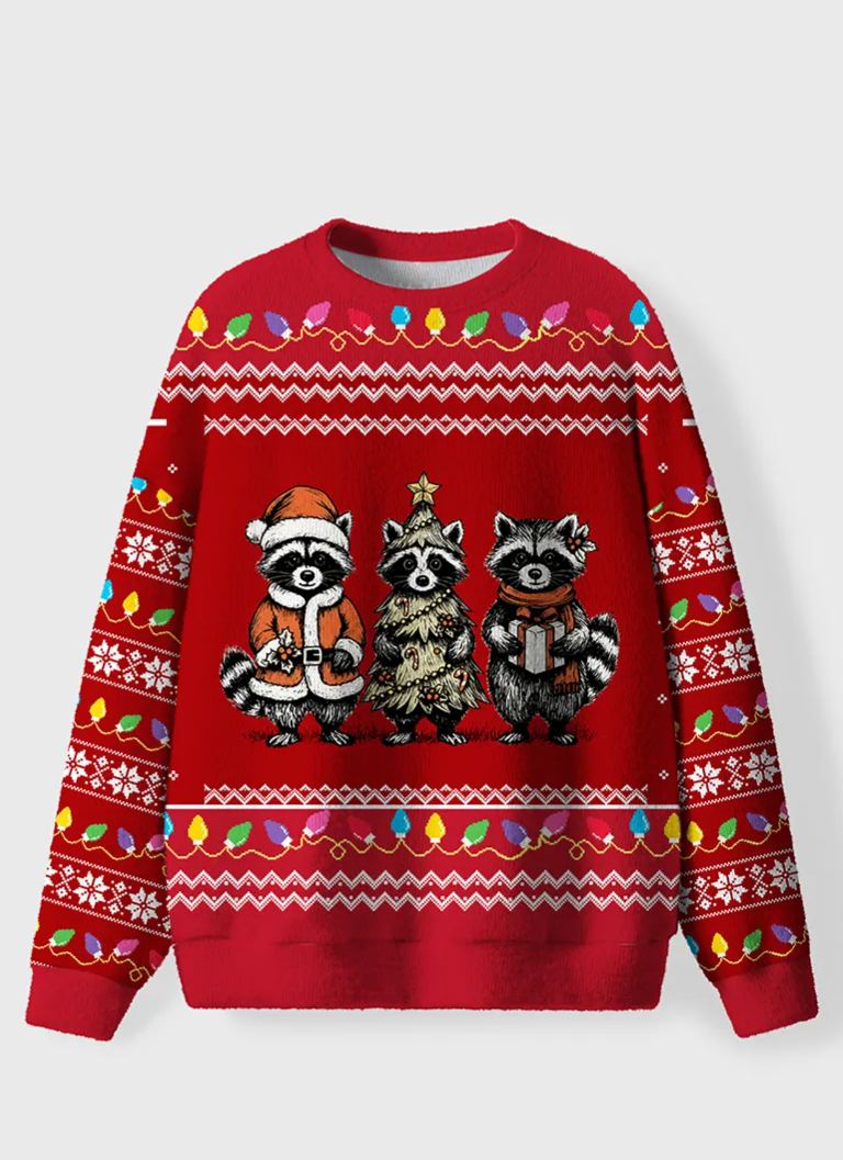 Vintage Christmas Raccoons Ugly Sweater