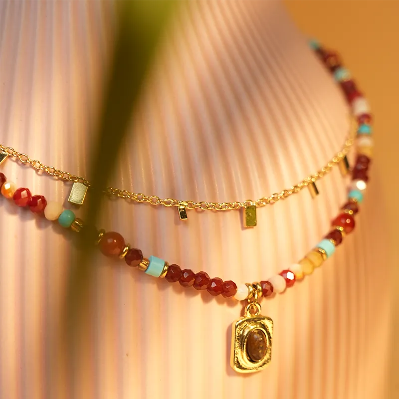 Vintage Sugar Cube Color Beaded Tiger Eye Necklace