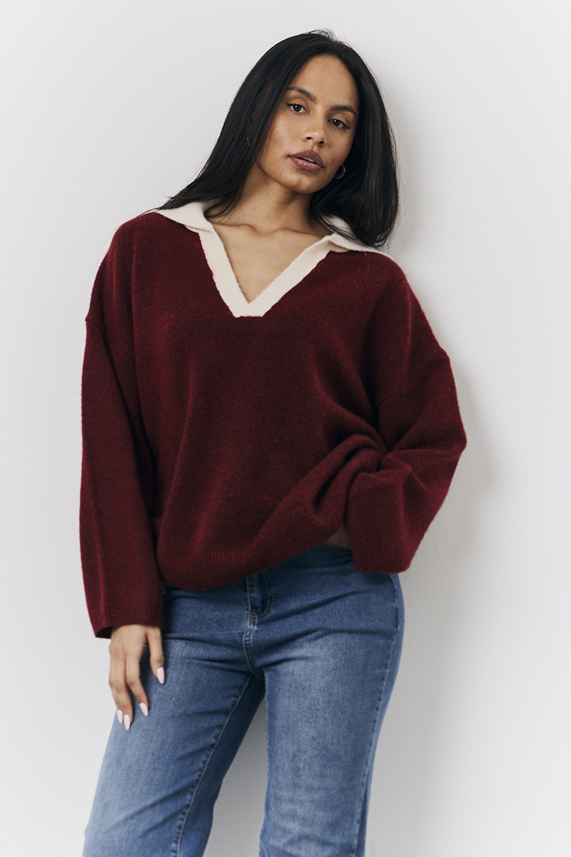 Burgundy 90's Collared Knitted Rugby Sweater