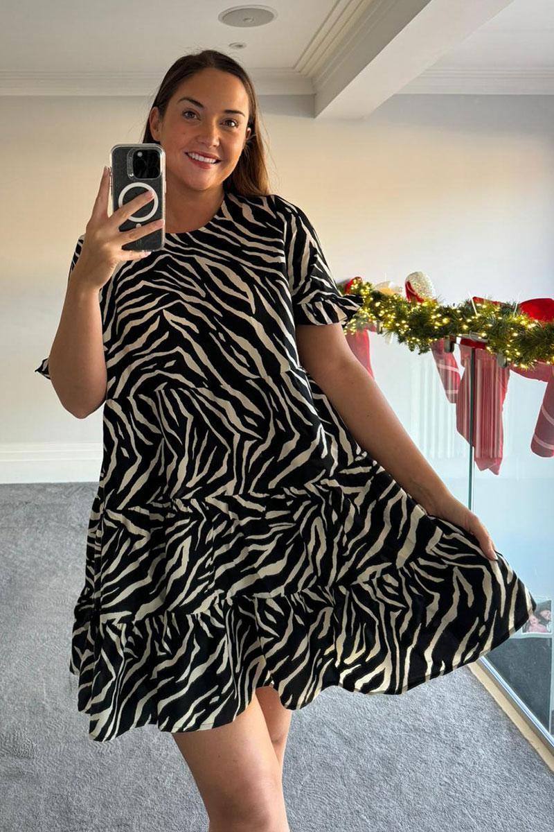 Zebra Smock Dress With Frill Sleeve
