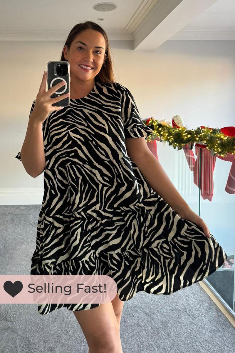 Zebra Smock Dress With Frill Sleeve