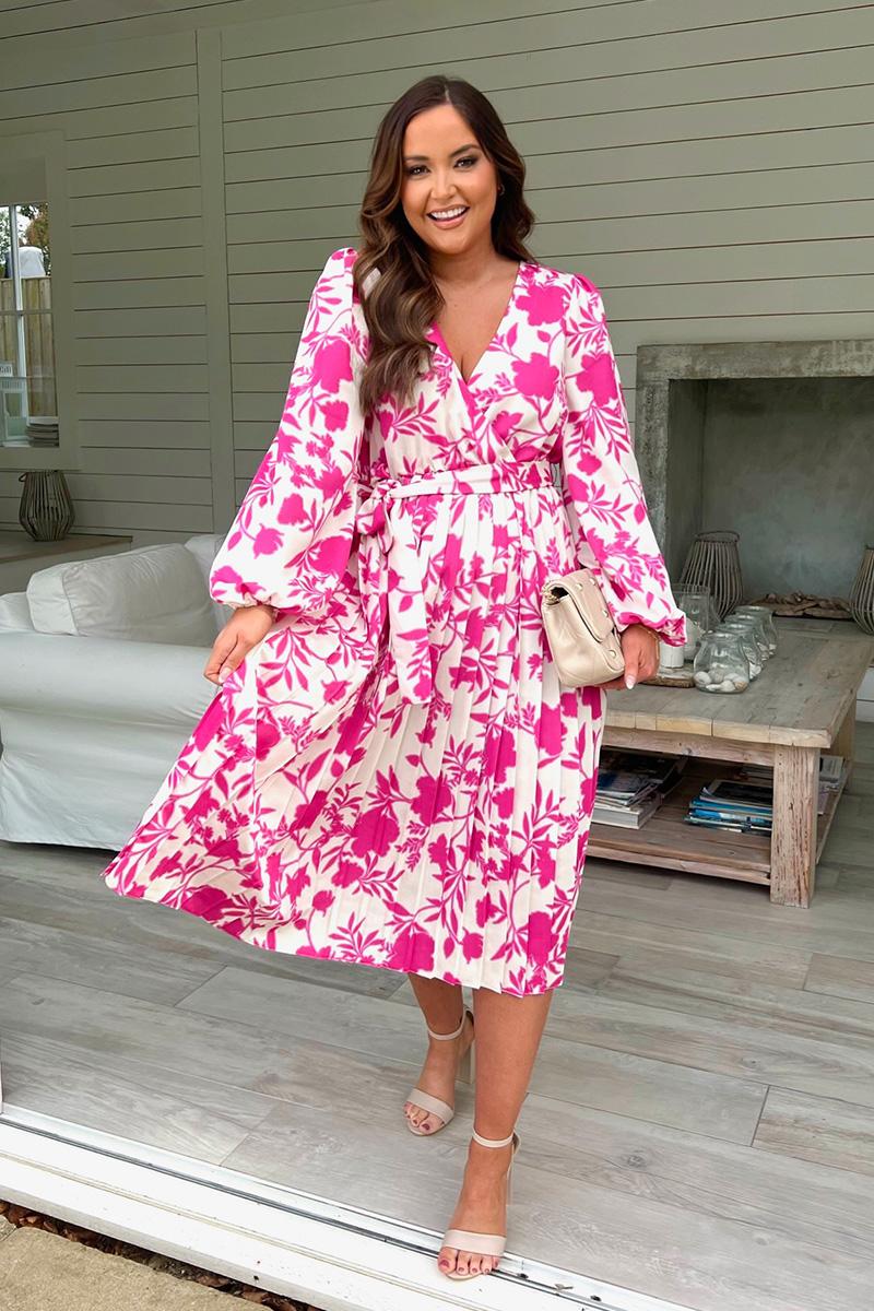 Floral Print Long Sleeve Pleated Midi Dress