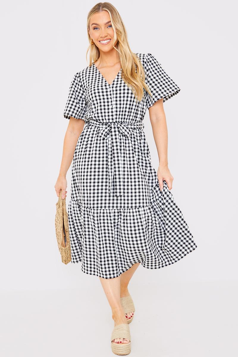 Gingham Button Down Tiered Midi Dress