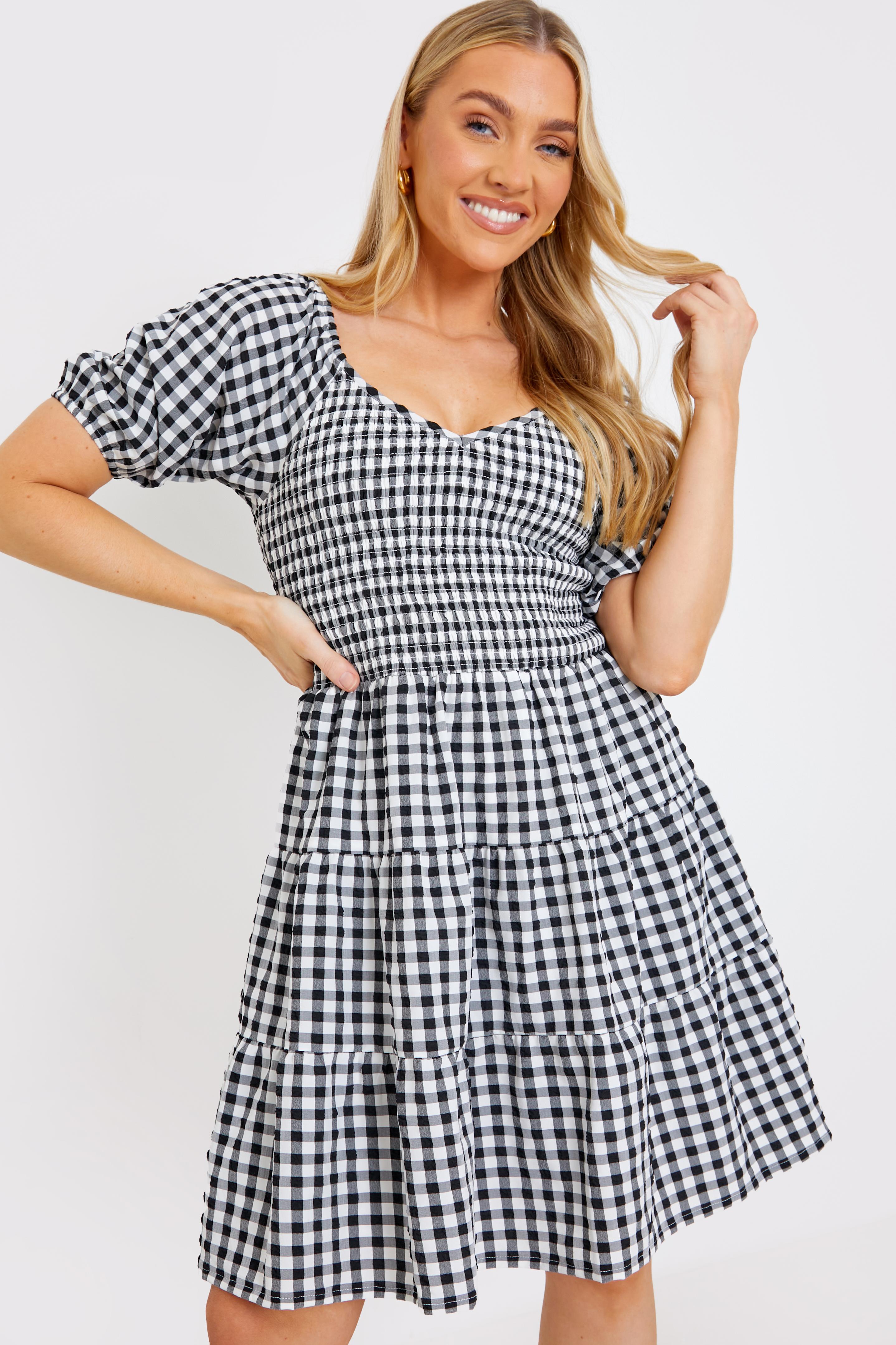 Ginham Ruched Waist Skater Dress