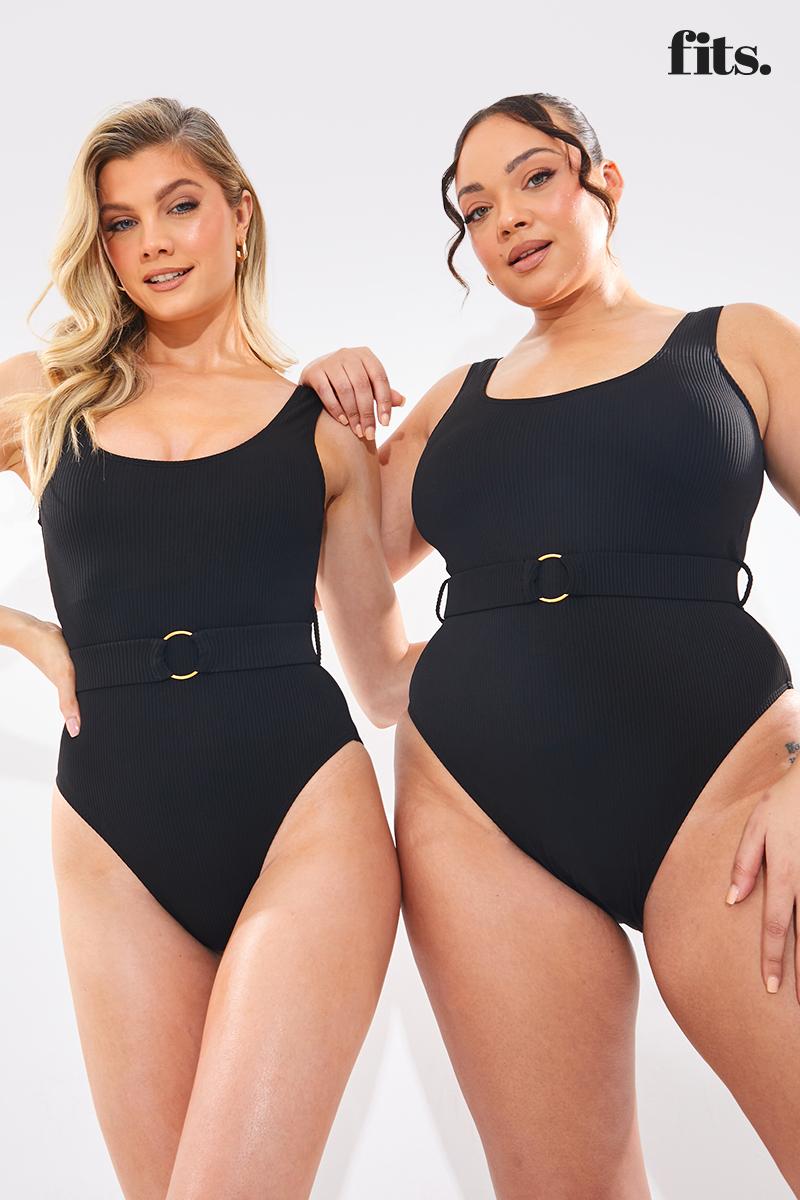 Contour Rib Square Neck Belted Swimsuit