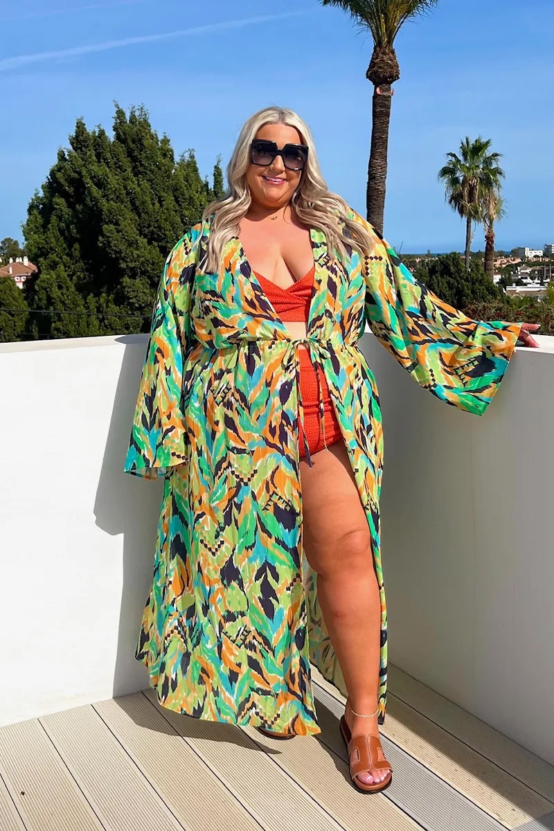 Abstract print tie front beach kimono