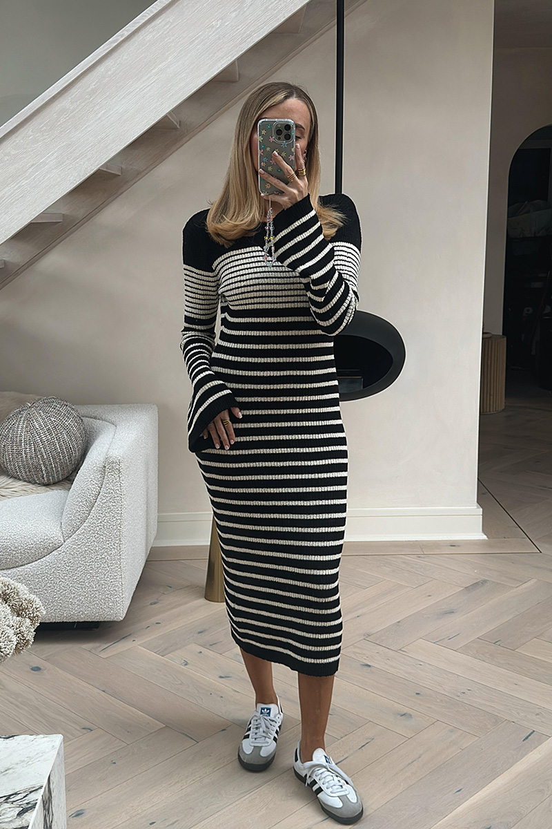 Monochrome Stripe Long Sleeve Knit Midi Dress