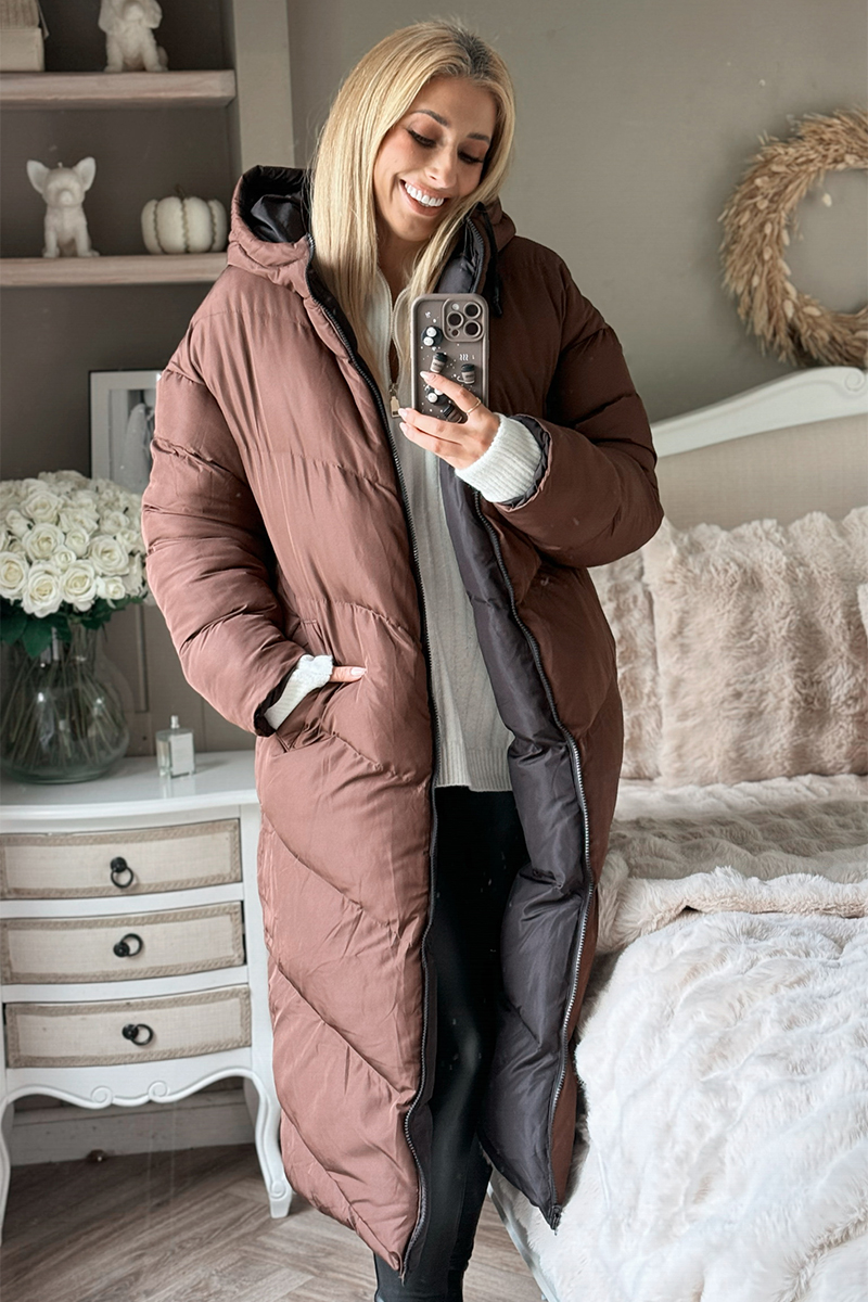 Reversible Hooded Longline Puffer Coat In The Style UK